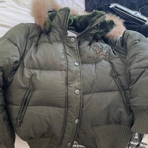 Baby Phat Olive Puffer Jacket with Faux Fur Hood